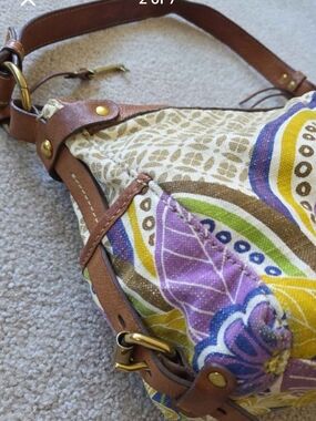 Fossil Leather Trim Shoulder Bag with Green, Purple & Yellow Floral Print
